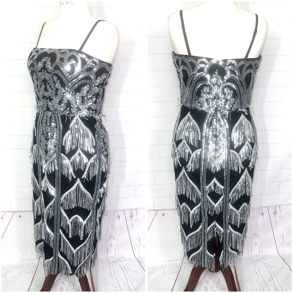 NWT🤩NEW |•DRESS THE POPULATION•| Viviana Sequined Fringe Dress Size XL / 16-18 - Picture 3 of 16